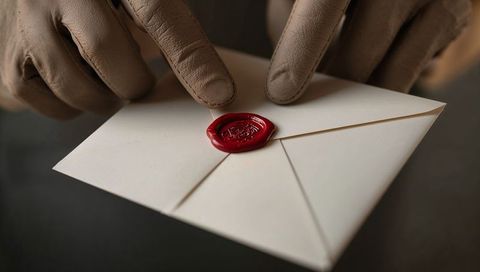 Pressing leather-gloved hands sealing cream envelope with red wax seal