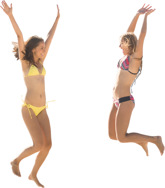 Happy Caucasian Female Friends Jumping in Bikinis Transparent Background - Download Free Stock Videos Pikwizard.com