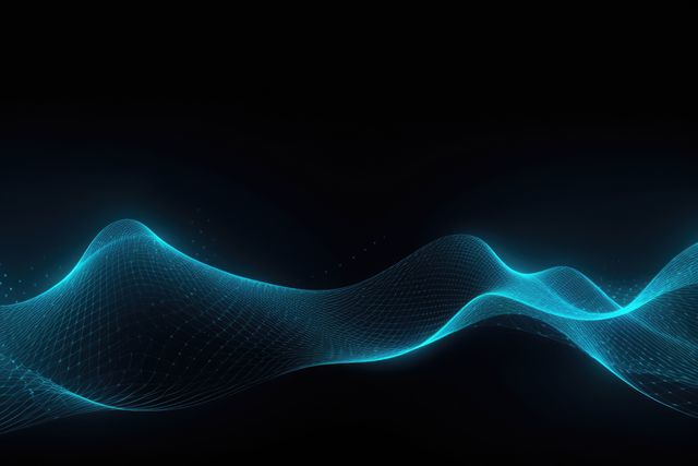 Abstract blue wave forms on black background ideal for technology, digital art, and innovation themes. Perfect for use in websites, presentations, wallpapers, and marketing materials aiming to convey modernity and technological advancements.