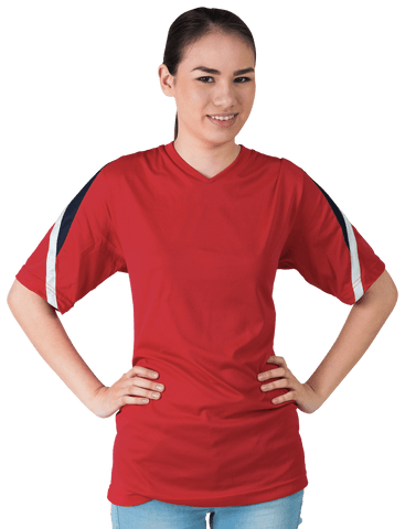 Smiling asian sports fan in red jersey on transparent background
