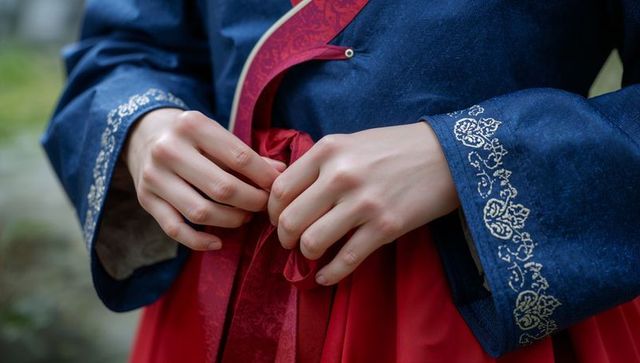 Woman tying red sash on traditional blue embroidered jacket and skirt, hands close-up