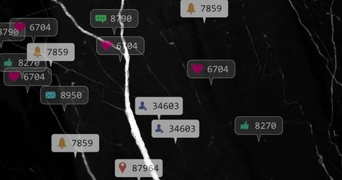 Floating social notification badges over black marble background displaying engagement metrics