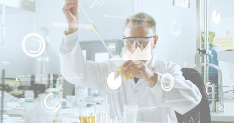 Senior scientist pipetting yellow solution with digital data overlay in high-tech lab