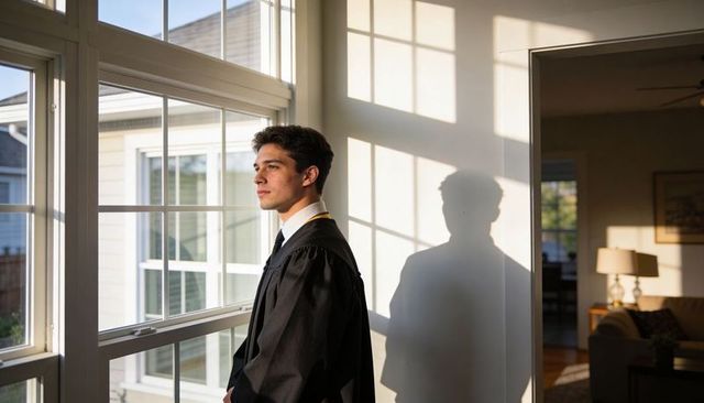 Young graduate in black gown gazing out sunlit window casting long shadow on wall