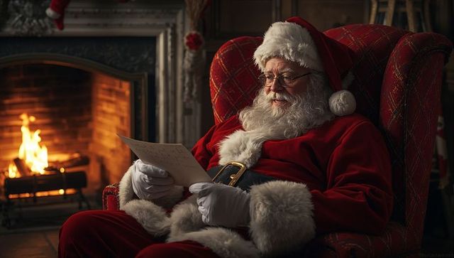 Santa Claus Reading Letter by Fireplace in Cozy Setting