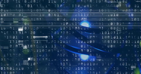 Binary Code Overlay on Digital Data Transmission Background