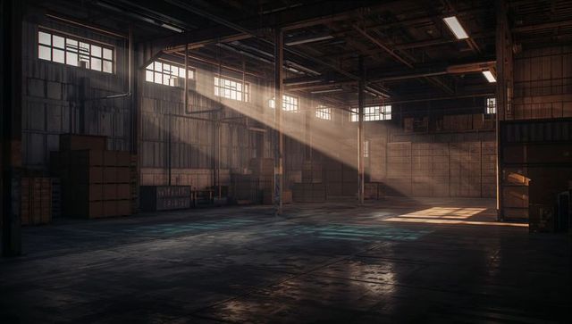 Sunbeams Piercing Dusty Industrial Warehouse Interior with Stacked Boxes and Pallets