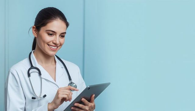 Female doctor using tablet in modern clinic, smiling physician with stethoscope