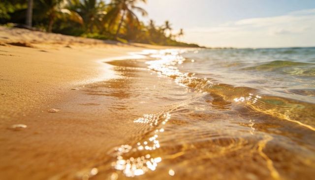 Shallow waves lapping golden sand, palm-fringed tropical shoreline glowing at sunset