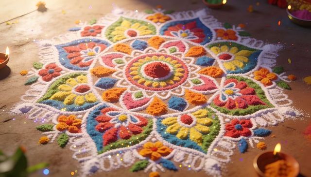 Colorful rangoli mandala with lit diyas celebrating diwali and festive home decor