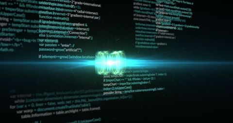 Futuristic Green Orb in Digital Cyberspace with Scrolling Code