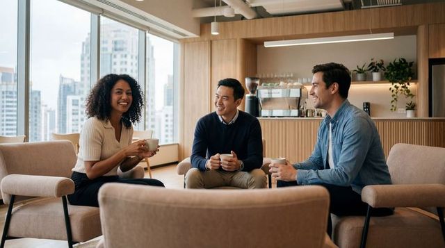Colleagues enjoying coffee in modern office lounge with city skyline and casual meeting
