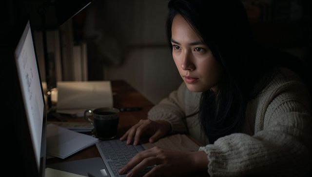 Focused asian woman typing late at night on laptop at home desk with lamp and coffee mug