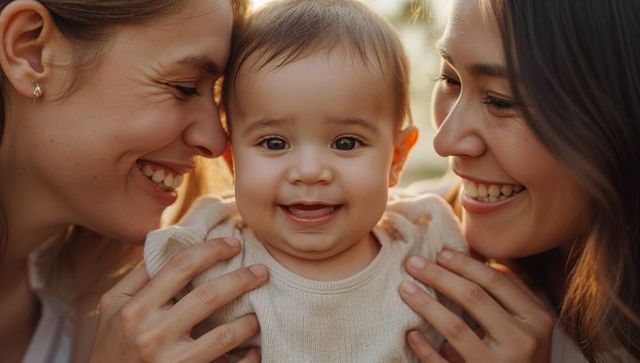 Two women cradling smiling baby during golden hour family embrace and warmth