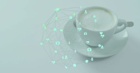 Cappuccino on saucer with tech network overlay minimalist pastel coffee concept