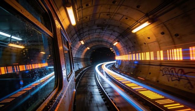 Train racing through neon-lit metro tunnel with wet window reflection and light trails