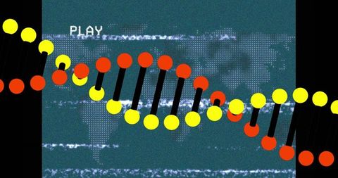 Futuristic dna helix with digital glitch overlay on world map