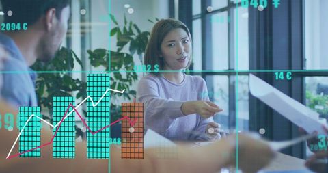 Hybrid Business Meeting with Financial Data Visualizations