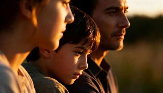 Thoughtful family trio watching sunset in golden meadow light with intimate close-up