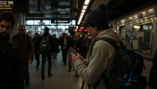 Young commuter checking smartphone on dim subway platform during urban rush hour wearing beanie