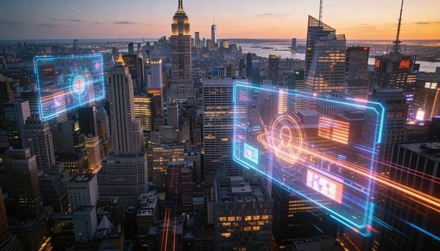 Augmented reality data panels hovering over dusk city skyline with neon holographic ui