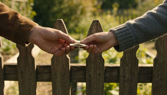 Neighbors exchanging seed packet over sunlit wooden picket fence, hands sharing seeds