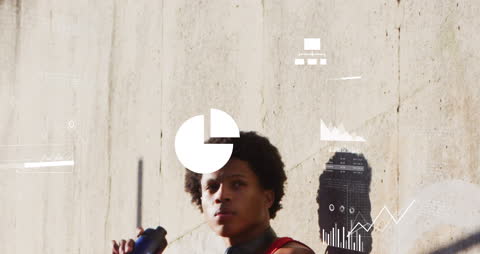 Man Hydrating After Workout with Digital Data Graphics Overlay