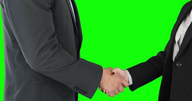 Two businessmen are shaking hands against a green screen background, with copy space. Their handshake suggests a professional agreement or partnership.