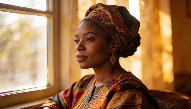Woman wearing colorful headwrap and embroidered top gazing out window in warm golden light