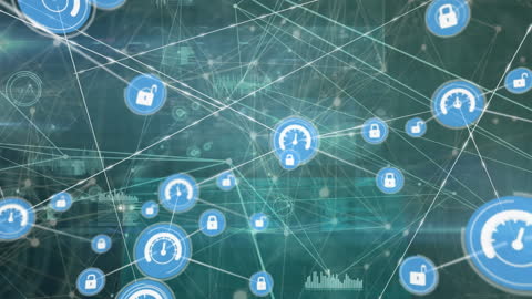 Digital Network with Data Processing and Security Icons Overlay