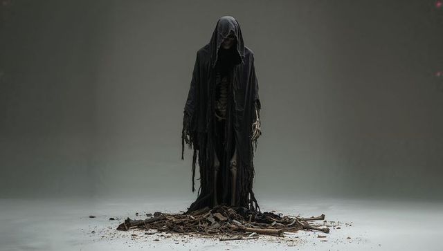Mysterious skeletal figure in tattered cloak