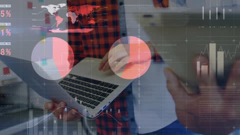 Business Professional Analyzing Data on Laptop with Financial Graph Overlays