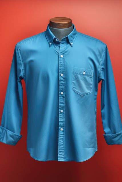 Vibrant blue long-sleeve button-up shirt displayed on a mannequin against a red background. The clean, minimalist design showcases the shirt's collar and front pocket. Suitable for use in fashion catalogs, online retail platforms focusing on men’s clothing, and marketing materials for clothing stores.