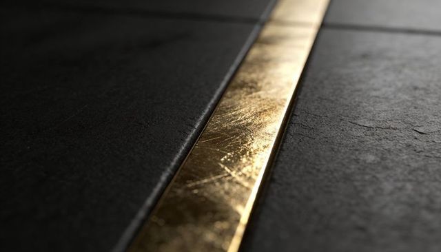Scratched gold metal inlay glinting on dark slate countertop close-up luxury detail