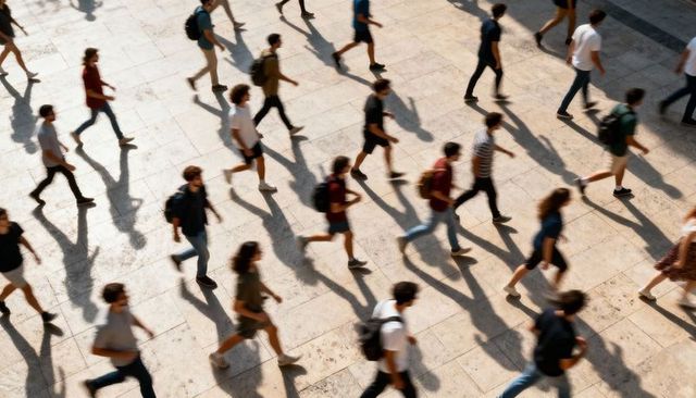 Sunlit urban crowd walking across stone plaza casting long dramatic shadows