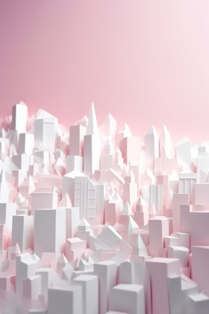 White model city with geometric buildings and skyscrapers set against soft pink background. Useful for article illustrations, creative projects, posters, and presentations on urban planning, architecture, and modern design concepts.