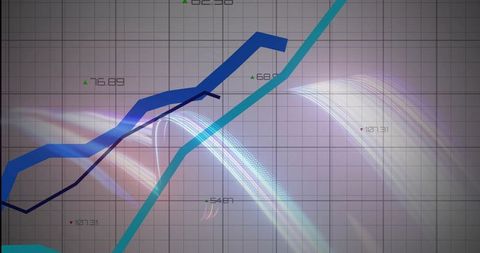 Neon data visualization showing teal rising trend and navy jagged line on grid dashboard