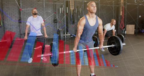 Men Weightlifting in Gym with Digital Data Overlay