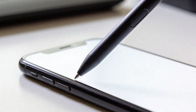 Black stylus touching glossy smartphone screen for digital note taking and precision