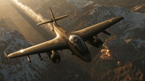 Military recon aircraft over airstrikes snowy mountains at sunrise