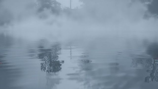 Misty lake reflecting tree silhouettes at dawn with calm ripples and soft fog