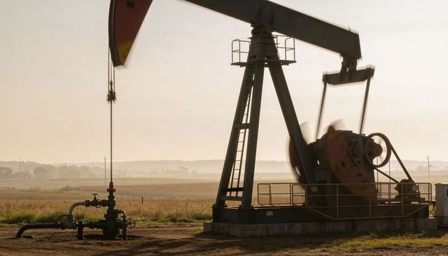 Pumpjack silhouette at dusk over cropland with wellhead and piping, oilfield energy scene