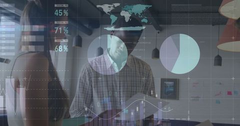 Business professionals analyzing data with digital interface overlays
