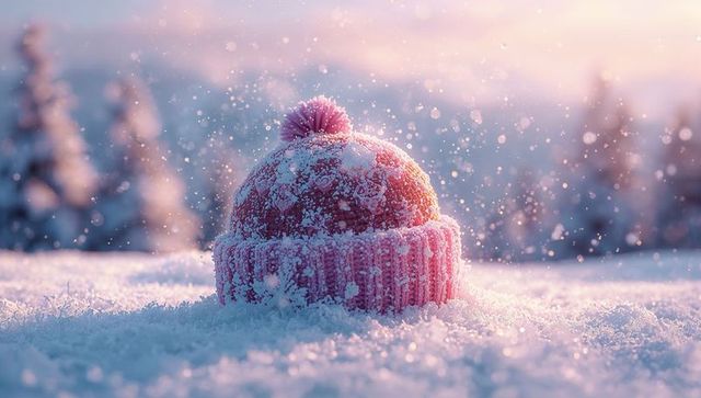 Pink knit beanie sitting on snowy field with falling snowflakes and warm sunset glow