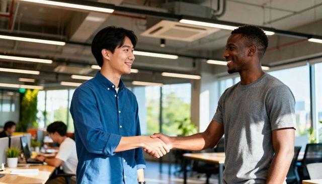 Diverse colleagues shaking hands in bright open-plan office signaling partnership and trust