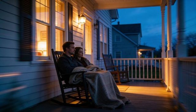 Couple sitting on front porch sharing blanket at dusk with warm lantern light
