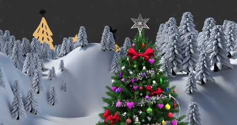 Festive Christmas Tree in Winter Wonderland with Falling Snow