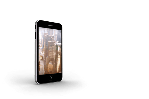 Smartphone displaying cityscape on transparent background