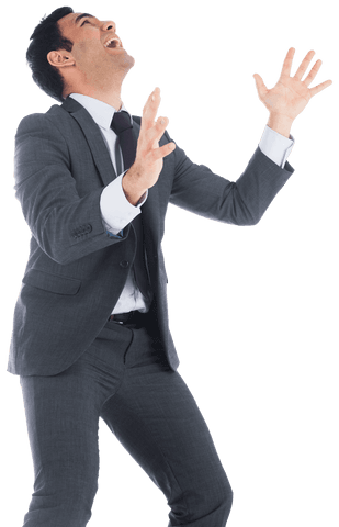 Transparent joyful businessman posing in suit on white background