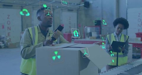 Warehouse workers scanning packages with handheld scanner and ar icons for inventory